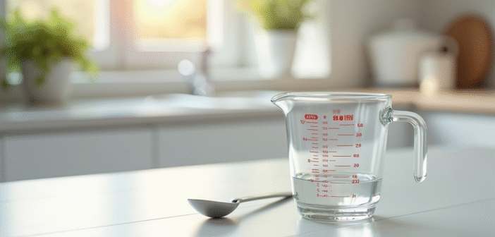 Verre mesure 250 ml sur plan de travail blanc lumineux