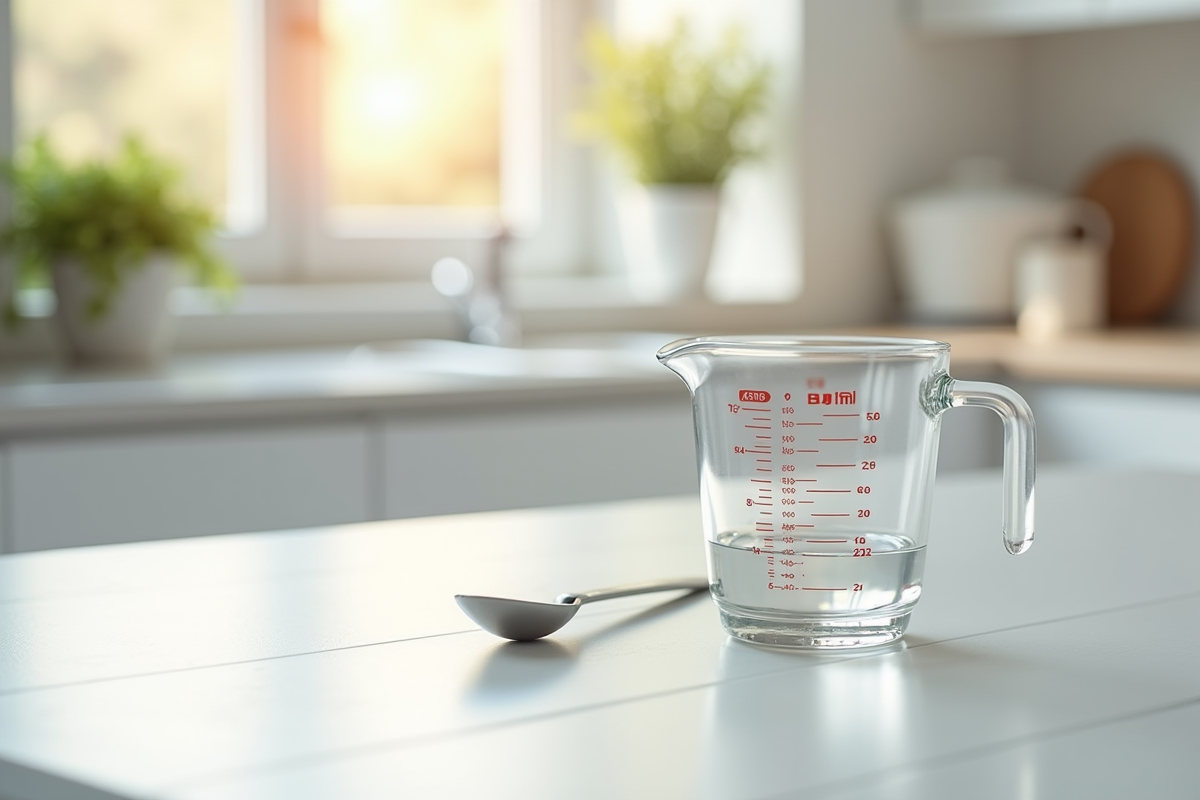 Verre mesure 250 ml sur plan de travail blanc lumineux