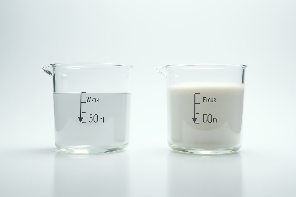 Verres identiques avec eau et farine de 100 ml côte à côte