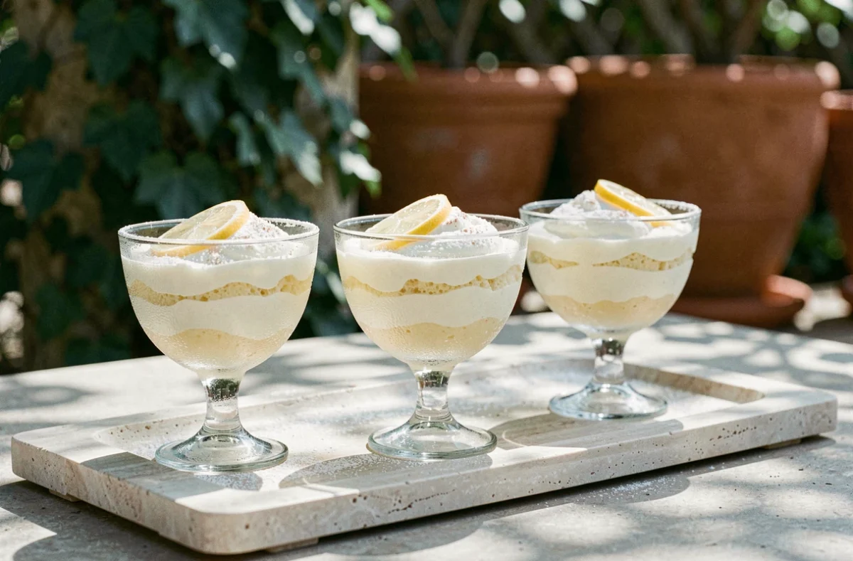 Verrines de mousse au citron sans lactose décorées de tranches de citron sur une terrasse méditerranéenne