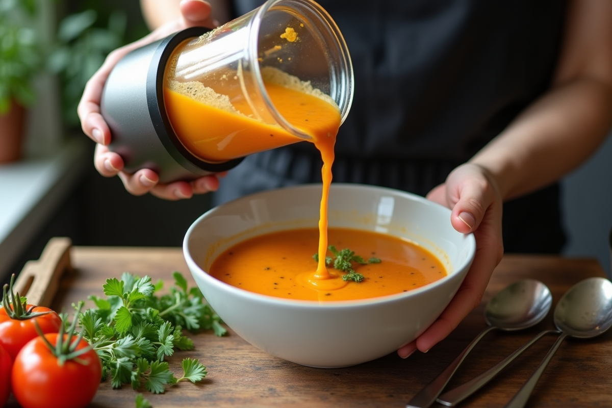 Main versant soupe dans un bol avec herbes et ustensiles