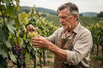 Vigneron artisan inspectant une grappe de Sauvignon Franc dans son vignoble en période de vendanges