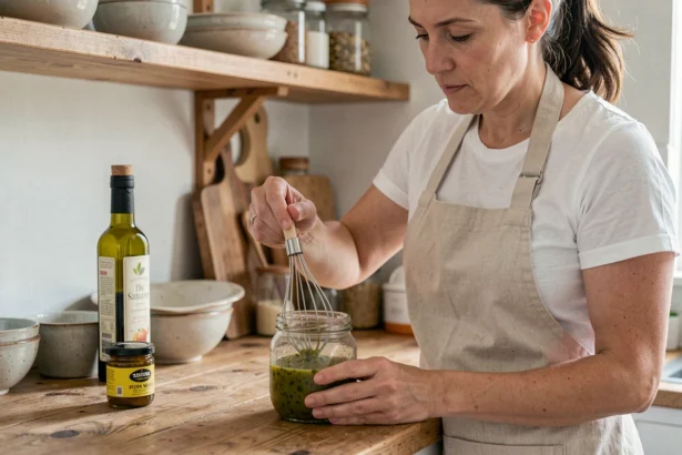 Femme préparant une vinaigrette maison dans un pot en verre sur un plan de travail en bois avec de l'huile d'olive et de la moutarde de Dijon