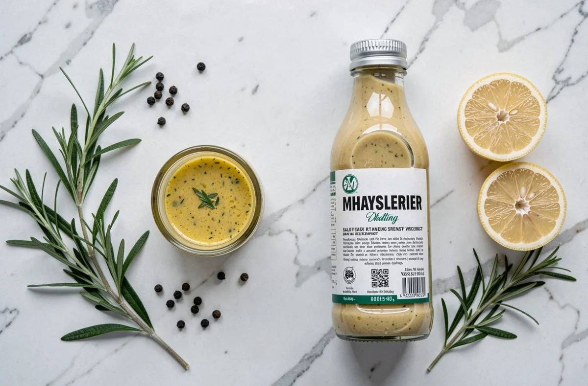 Comparaison entre une vinaigrette maison dans un ramequin en verre et une bouteille de vinaigrette industrielle sur un marbre blanc avec des herbes fraîches