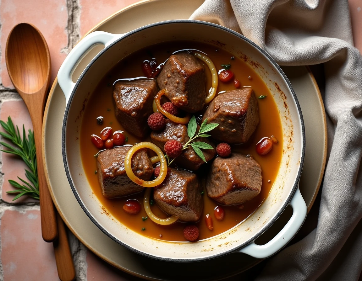 Vue de dessus d'un plat de couilles de mouton braisées au vin blanc avec lardons et oignons dans une sauce réduite dorée
